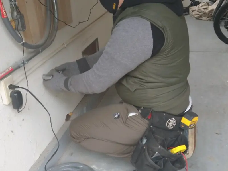 Electrician performing outlet wiring in a Anderson garage